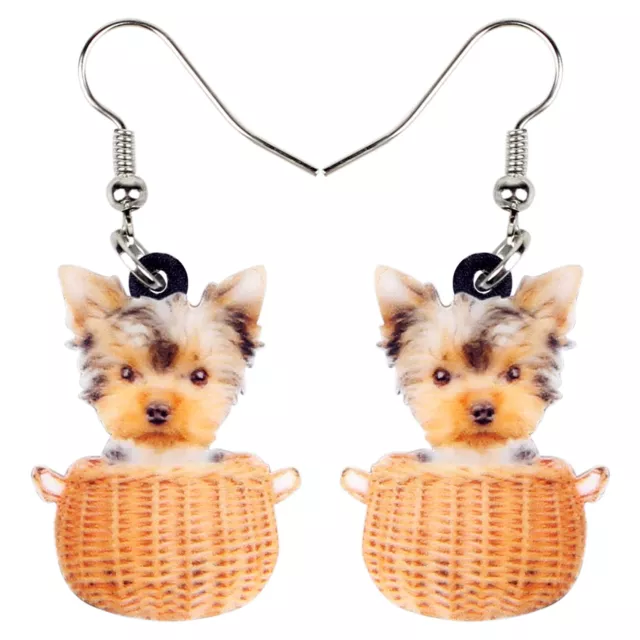 Acrylic Brown Basket Yorkshire Terrier Dog Earrings Dangle Pets Charms Jewelry