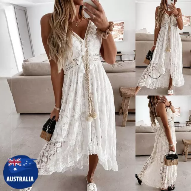 Women Lace Maxi Dress Ladies Summer Beach Holiday Boho V Neck Strappy Sundress