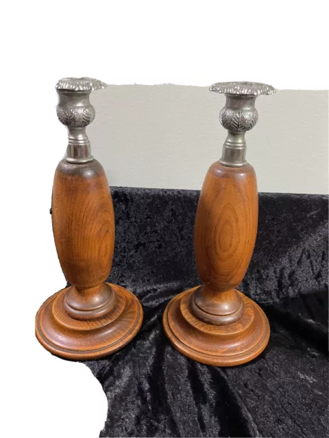 Pair of Hand-turned Wooden Candlestick Holders with Silver Ornate Tops