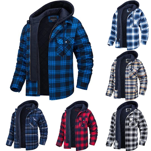 Men's Plaid Flannel Shirt Jacket Quilted Lined Pocket Warm Zip Hoodie Sweatshirt