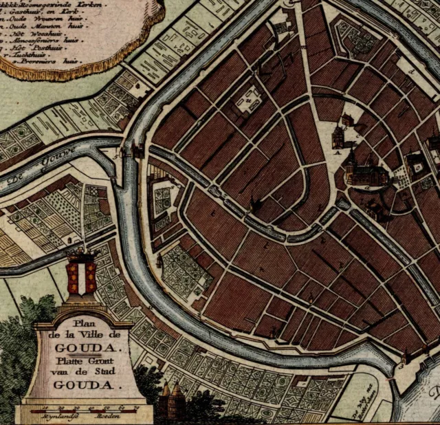 Gouda Netherlands Holland coat of arms detailed c.1740 de Leth old map city plan