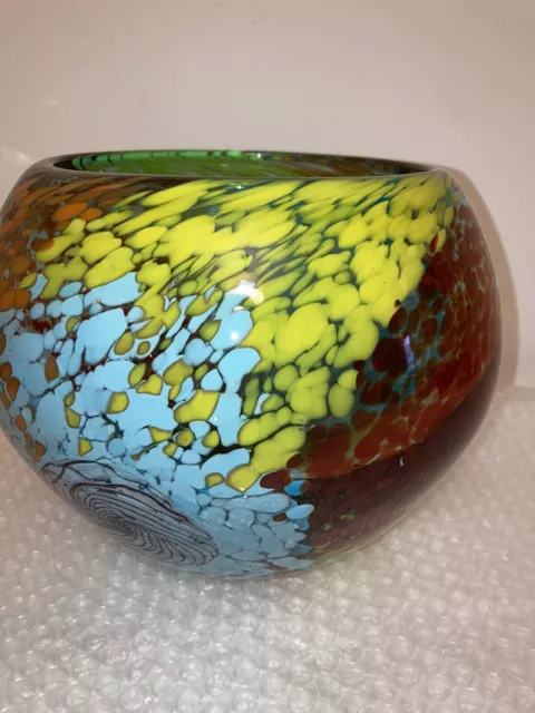 Vintage Art Glass Wide Mouth Large Hand Blown Vase Gorgeous Multi Color Heavy