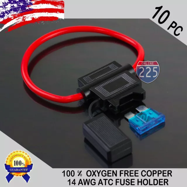 10 Pack 14 Gauge ATC In-Line Blade Fuse Holder 100% OFC Copper Wire + 1A - 40A