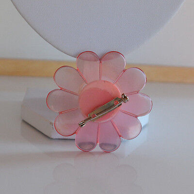 large Vintage Pink Translucent Flower Plastic 3D Broock Pin White domed middle 3