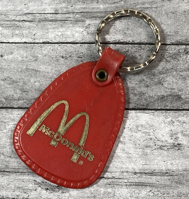 Vintage McDonalds Red Keychain Key Ring Plastic Gold Foil Fast Food Golden Arch