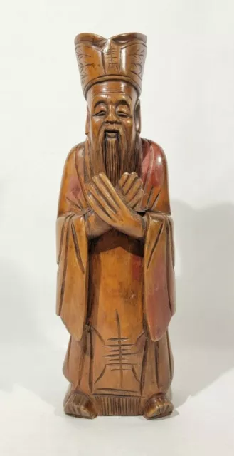 Old Chinese Carved Wood Shou Hsing God of Longevity Sculpture Crossed Hands