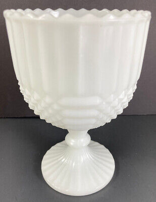 Milk Glass Goblet Pedestal Planter 6.25"H Diamonds & Ribbons Diamond Point VTG