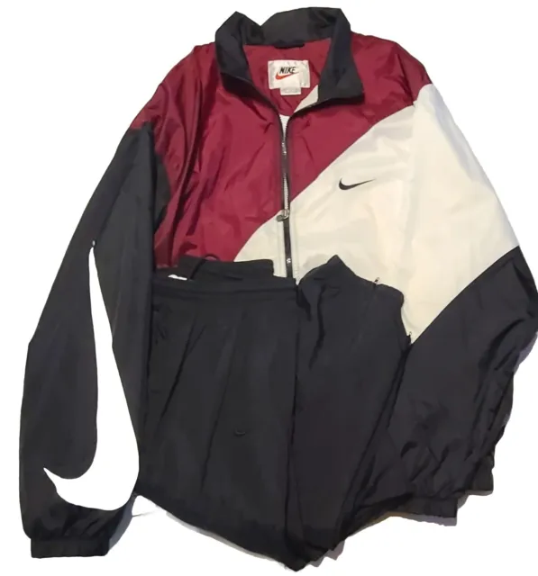 Vtg 90s Nike Track Suit Black White Maroon Jacket Pants Windbreaker Running XL