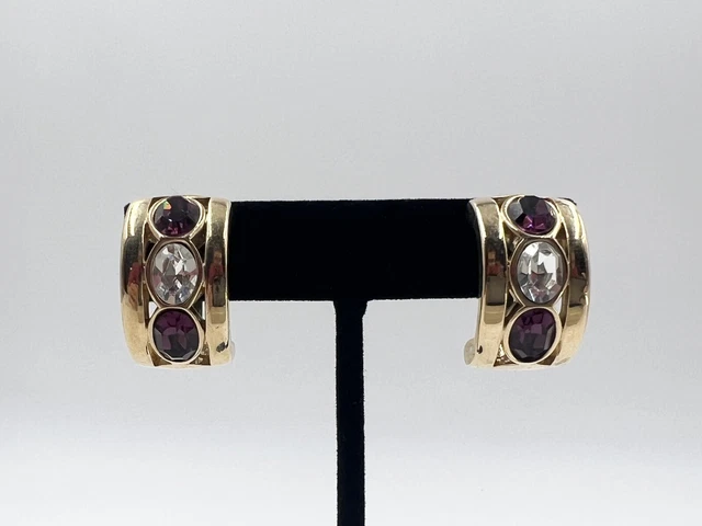 SAL Swarovski Vintage Clip Earrings Purple Crystal Rhinestone Gold Tone