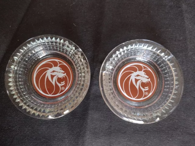 Set of Vintage MGM Grand Hotel Logo Cigarette Ashtrays  Round Clear Glass