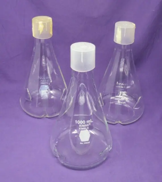 KIMAX USA 1000 ml Glass Erlenmeyer Flask No 25630 3/PK