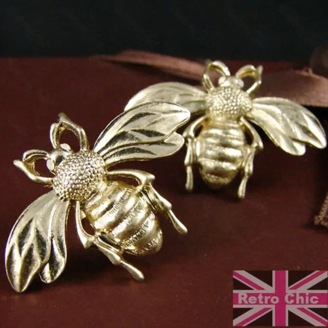 RETRO insect FAB BEE EARRINGS vintage brass bees matt gold 2CM big STUDS