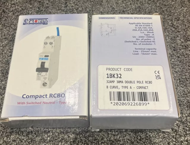 Proteus Compact RCBO 32Amp 30mA Double Pole RCBO - 1BK32