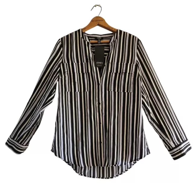 NWT Jones New York Womens Black White Striped Long Sleeve Button Up Shirt Size M