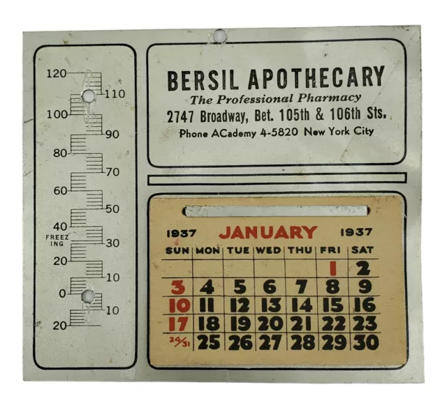 1937 Bersil Apothecary Pharmacy Metal Paper Calendar Broadway New York City