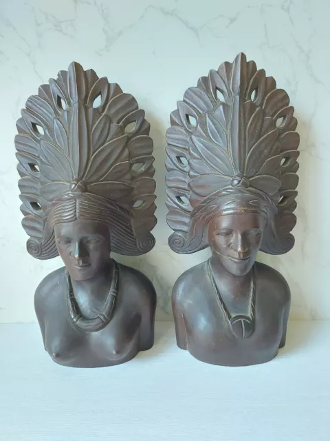 Vintage Indonesian Polynesian Hand Carved Bust Statue Head Male Female Set Pair