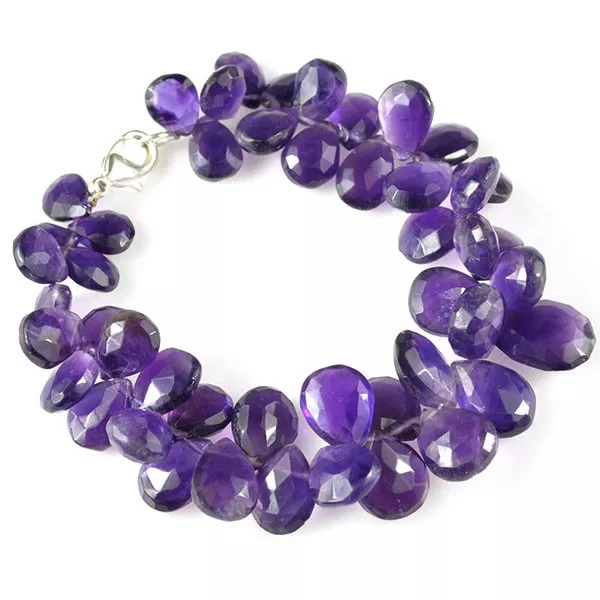 190 Ct+/8" Natural Top Purple Amethyst Pear Checker Cut Drilled Beaded Bracelet
