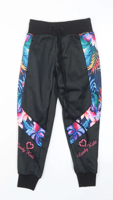 Preworn Girls Black Geometric Polyester Jogger Trousers Size 7 Years  Regular Dr