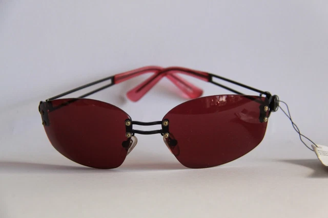 Farb Brille Sonnenbrille  Gläser Weinrot Rahmenlos Bügel Schwarz Aus Metall