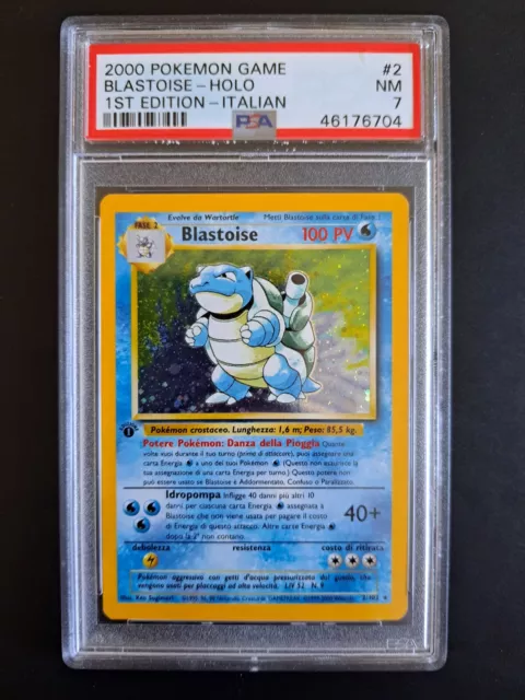 Carta Pokémon Blastoise set base prima edizione PSA 7 N.2/102 NM italiano swirl