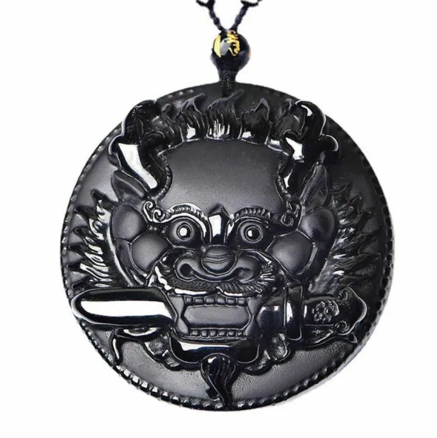 Natural Black obsidian dragon head necklace amulet pendant with bead chain