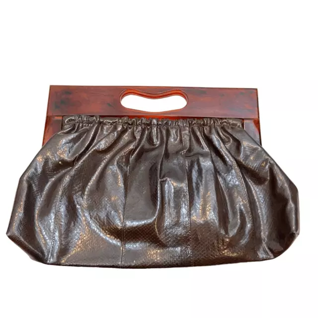 Vintage Brown Vinyl Faux Leather Clutch with Tortoiseshell Plastic Handle 60s