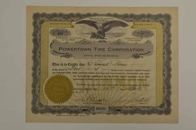 Powertown Tire Corp., 1923. 4 Shrs I/U Capital Stock Cert. XF-AU.