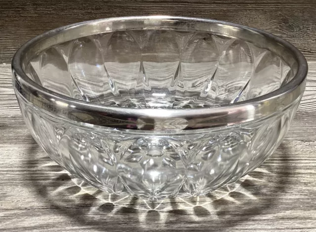Diamond Cut Lead Crystal Glass Bowl Italy Primrose Silver Plate Rim Heavy