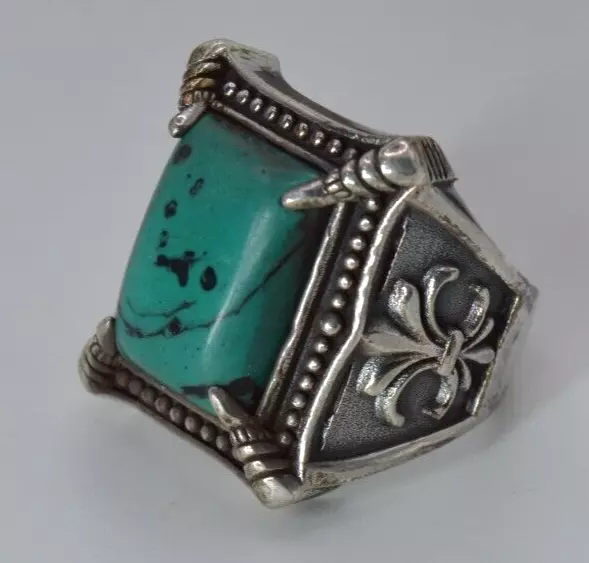Very Rare Ancient Solid Silver Antique Viking Ring With Turquoise Stone Artifact