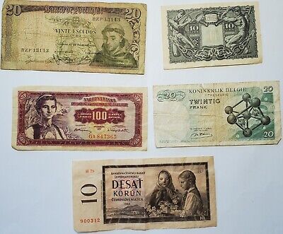 Lot Of 5 Foreign Notes Italy, Belgium, Republic of Jugoslavija, Ceskoslovenskych