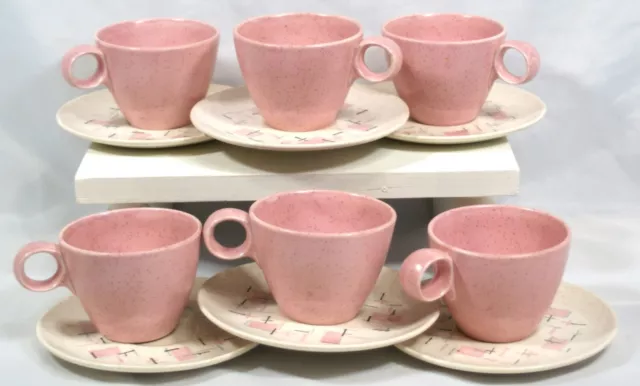 Vintage 1958 Vernon Ware Tickled Pink Tea/Coffee 6 Cups & Saucers MCM Atomic