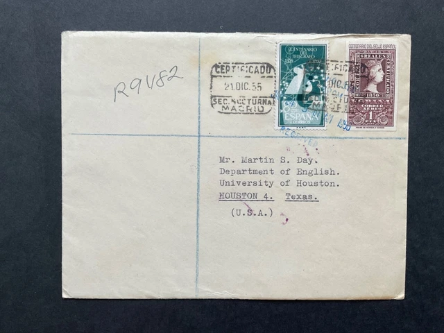 Postal History - Spain 1955 reg envelope to Texas.