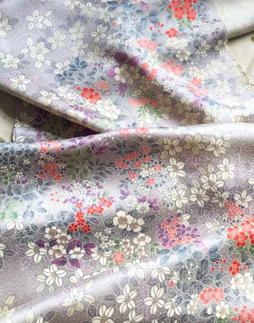 Vintage Japanese Kimono Wedding Silk Fabric Piece Blossom Flowers Leaves 62.5ins