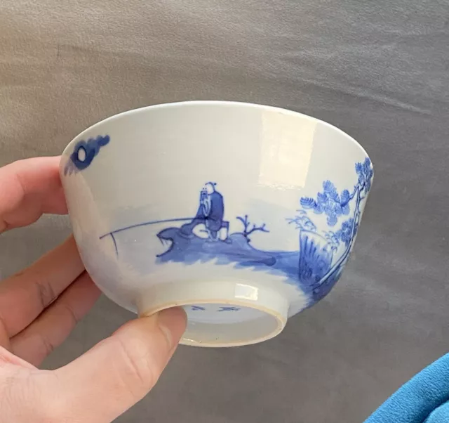 Antique Chinese Porcelain Poem Bowl Late Qing Dynasty Fishing Scene & Calligrahy