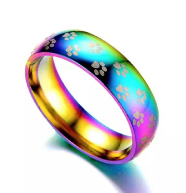 Dog Paw Print Ring - Stainless Steel - width 8mm - RAINBOW - UK Size T 1/2 US 10