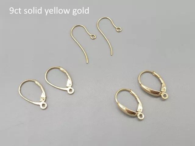 9ct Yellow Gold Earrings Lever Back Safety Hooks Continental Ear Wires Settings