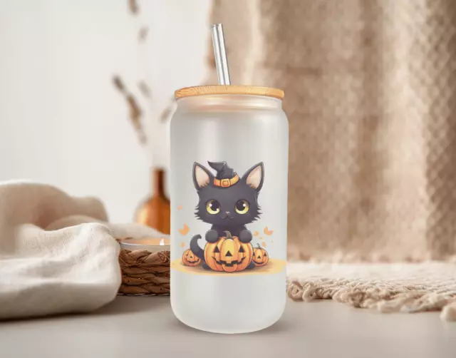 Cute Halloween Cat Frosted Glass Can W/ Bamboo Lid 16 Oz Glass Cup by Mugzan