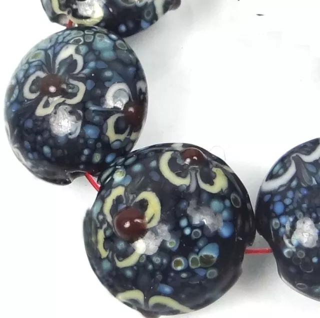 6 Lampwork Handmade Glass Lentil Coin Beads - Turquoise Blossoms 18mm