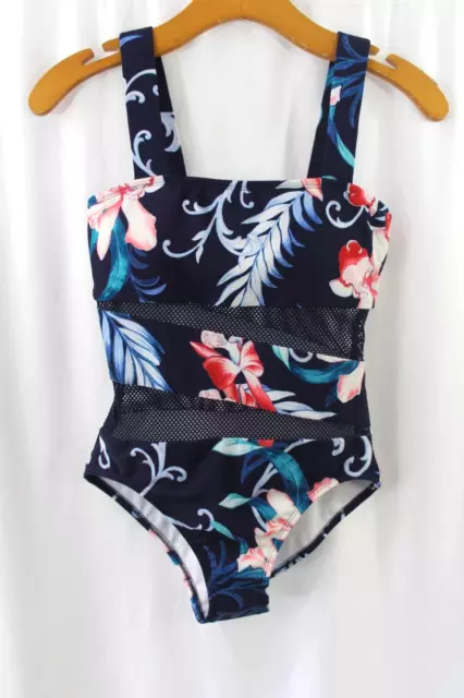 NWT Carmen Marc Valvo $106 Multicolor Floral One Piece Mesh Stripe Swimsuit 6