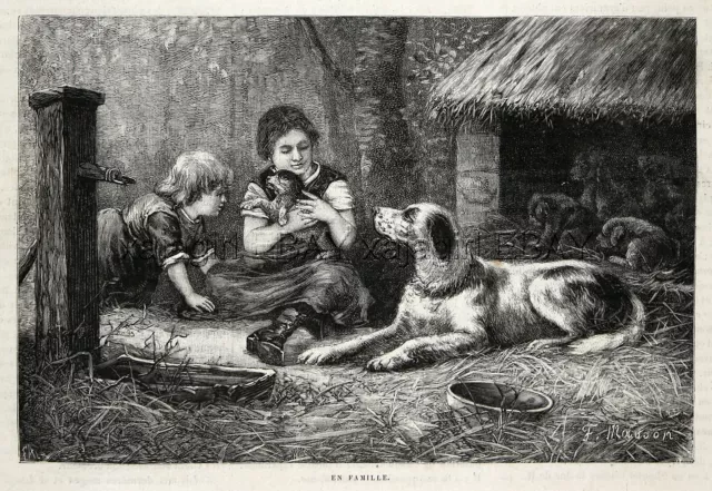 Dog English Setter Mother Shares Her Puppies with Children, 1880s Antique Print