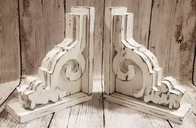 Pair of Ornate Wood Corbels Shelf Mantle Support Brackets #37 White Distressed