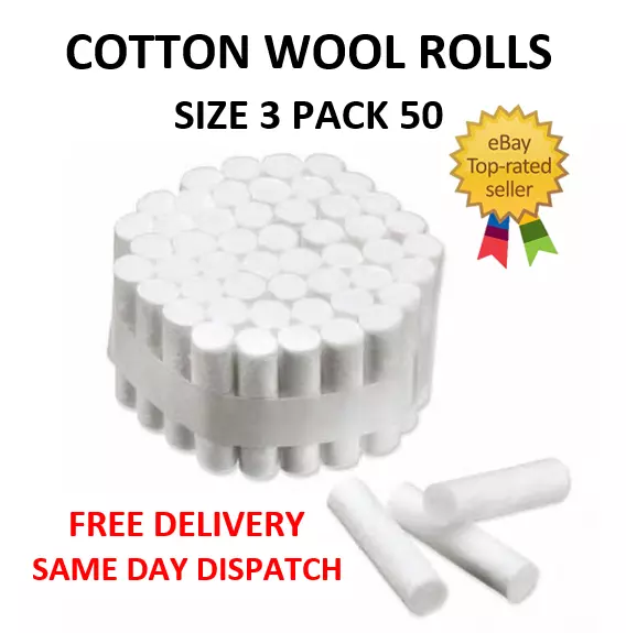 Cotton Wool Rolls White Professional Size 3 Pk 50 Dental/Sport Nose Bleed Plug