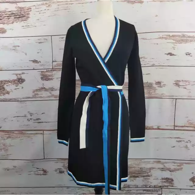Diane Von Furstenberg DVF black wrap dress blue trim size small