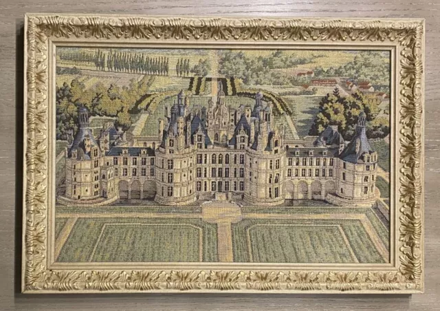 Nice Antique Tapestry Embroidery Picture of a French Castle, in Gilt Wood Frame.