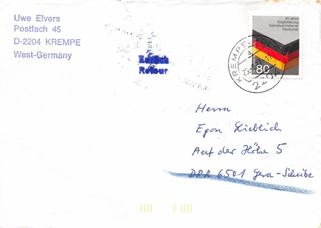 683464) Bund Postkriegbeleg mit Nr.1285 40 Jahre Eingliedrung Heimatvertriebene