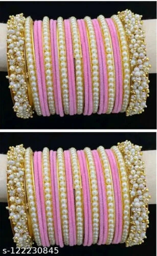 48 Teile Pink Farbe Kundan Perlen Glas Samt Armreif Set Mädchen / Damen Schmuck