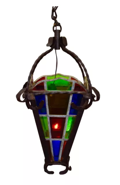 French Antique Belle Epoque Wrought Iron Chandelier Lantern with Stained Glass