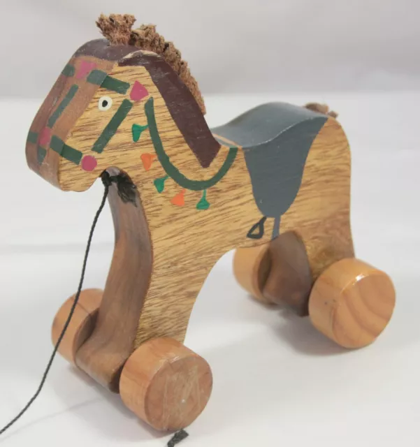 Vintage Decorated Wooden Pull Along Wheeled Horse Toy
