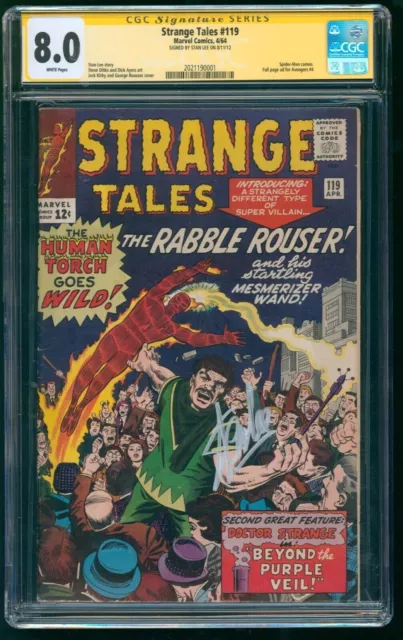 STRANGE TALES #119 1964 SS Signed STAN LEE! CGC 8.0 WHITE Pages Spider-Man Cameo