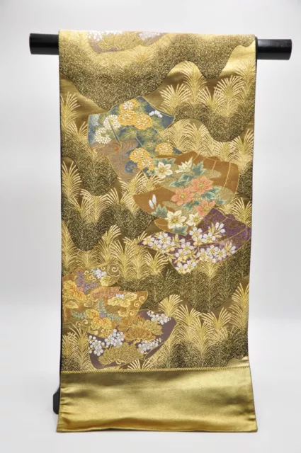Vintage Japanese Silk Fukuro Obi Kimono Flowers pattern Gold #JPS0027